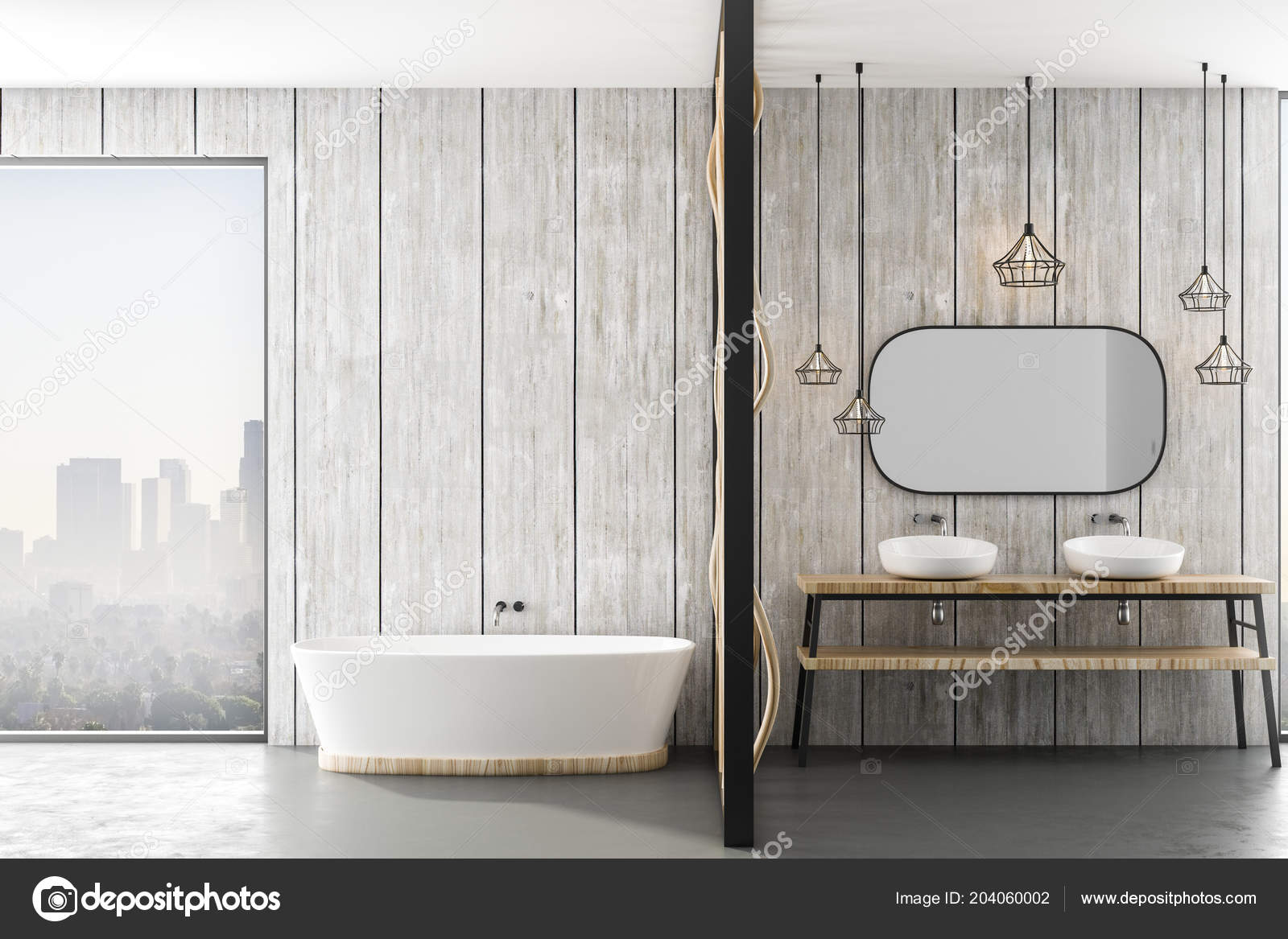 Modern Bathroom Design White Bath Concrete Floor Stone Walls