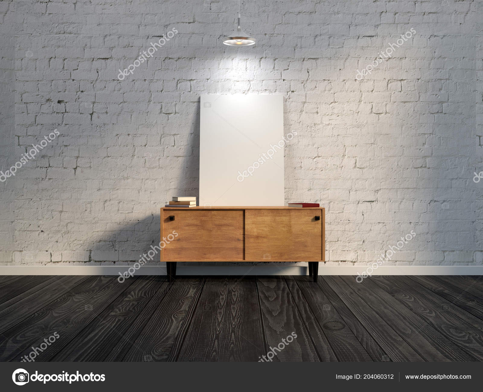 Blank White Poster Vintage Wooden Commode Loft Room Brick Wall Stock Photo C Peshkova 204060312