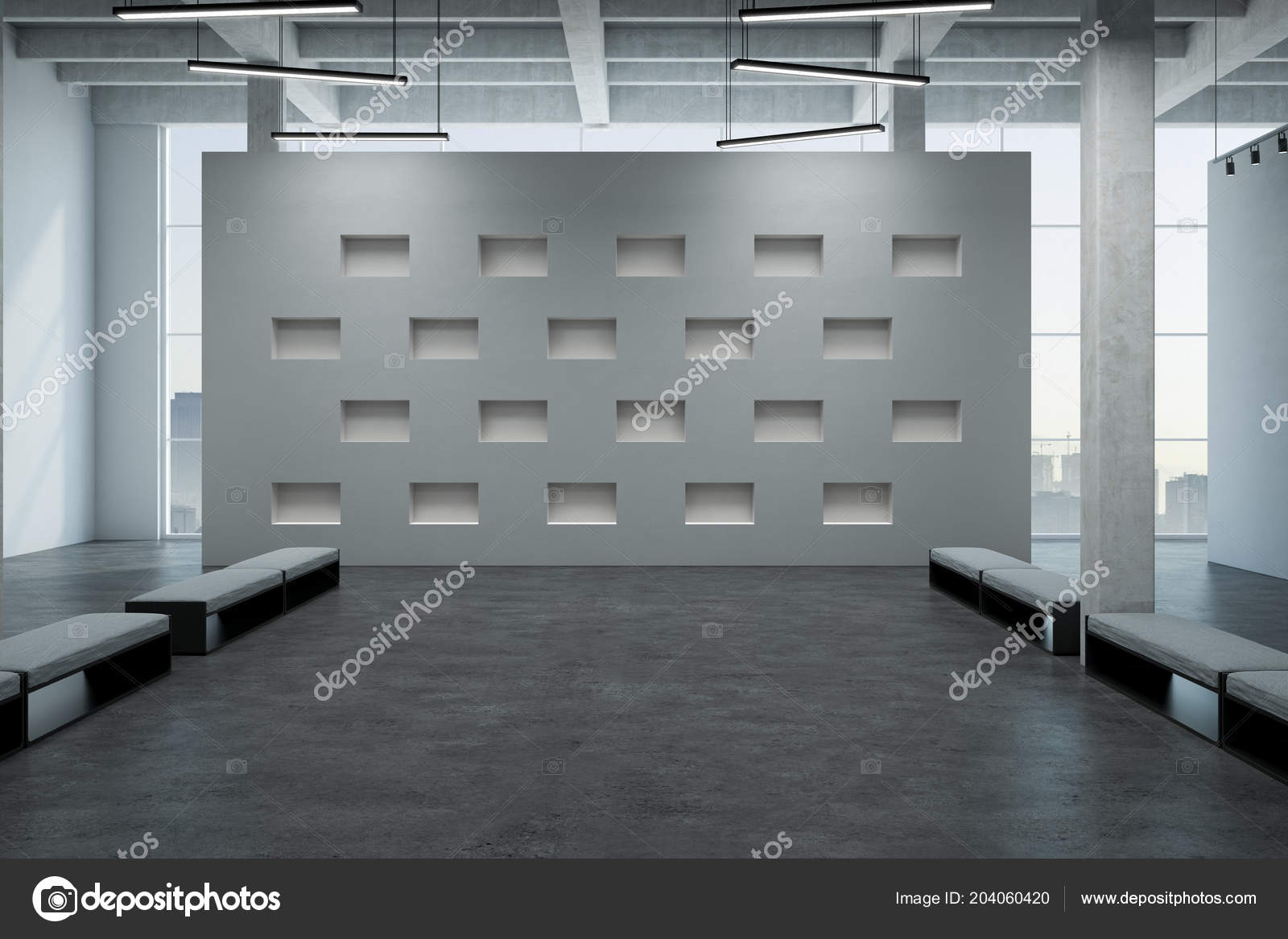 Modern Loft Gallery Space Concrete Floor Benches City View Window