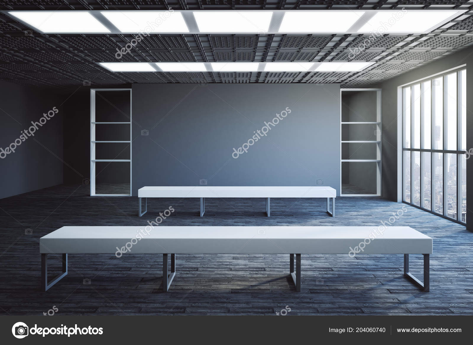 Front View Mockup Grey Exposition Wall Concept Benches Wooden
