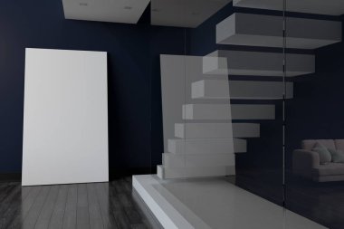 mockup poster beyaz merdiven ve mavi ve cam duvarlar ile modern oturma odasında ahşap zemin üzerinde. 3D render