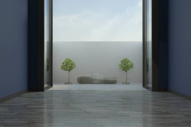 modern minimalist oturma odası mavi duvar, ahşap zemin ve fütüristik bankta zeminden tavana uzanan penceresinden görünümü. 3D render