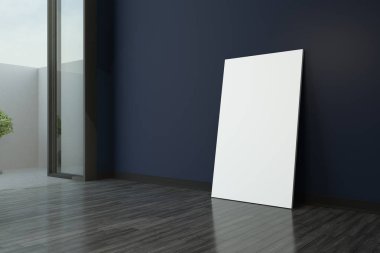 mockup beyaz poster Bush dışında manzaralı modern boş oturma odasında ahşap zemin üzerinde. 3D render