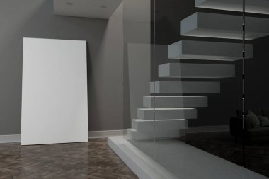 Beyaz merdiven ve gri ve cam duvarlar ile modern oturma odasında parke üzerine mockup poster. 3D render