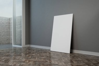 zeminden tavana uzanan pencere ve tuğla duvarın dışında ile modern boş odada ahşap zemin üzerinde beyaz mockup poster. 3D render