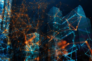 soyut geometrik şekil ve megapolis şehir gökdelenler ile çift pozlama. 3D render