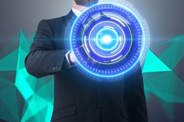 arka plan dijital ağ düğmesini dokunmadan işadamı ile geleceğin teknolojisi kavramı