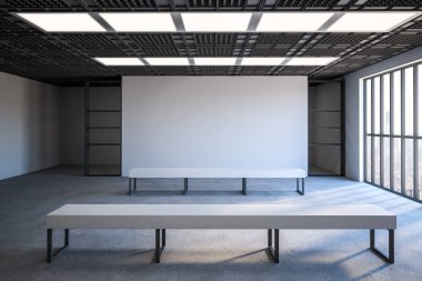 Önden görünüm mockup beyaz Fuar duvar, kavram banklar, beton zemin ve pencere kat tavan. 3D render