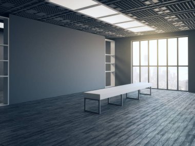 yan görünümü mockup gri Fuar duvar, kavram tezgah, ahşap zemin ve pencere kat tavana çatı Galeri Salonu'nda. 3D render