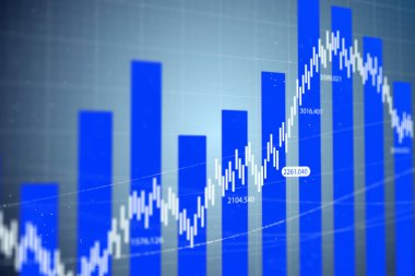 Forex ticaret piyasa mavi mum çubukları ve beyaz grafikler atr soyut teknolojik altyapı. 3D render