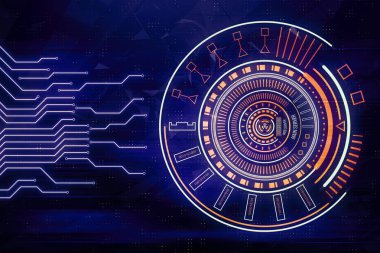 parlayan satırı devre kartı ile mavi arka plan üstünde teknoloji daire düğme. İş ve bağlantı. Fütüristik Konsept. Internet cyber ve ağ tema. 3D render