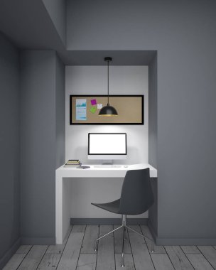 mockup beyaz bilgisayar monitöründe beyaz resepsiyon ve post-bu pinboard üzerinde gri duvarlar ile modern odaya yapışır. 3D render