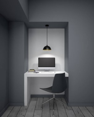 mockup siyah bilgisayar monitöründe Gri duvarlar ile modern oda beyaz Danışma. 3D render