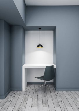 boş beyaz masası, sandalye ve lamba ile yeni modern oda. ahşap zemin ve gri duvarlar arka plan. 3D render