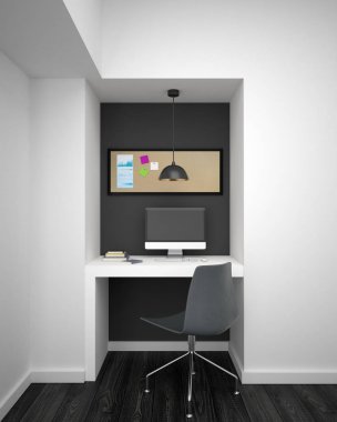 mockup siyah bilgisayar monitöründe beyaz resepsiyon ve salonumuzda post it ile üzerine beyaz duvarlar ile modern odaya yapışır. 3D render