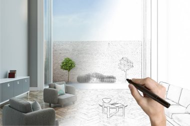 El çizim modern ev iç. Emlak ve tasarım konsepti. 3D render