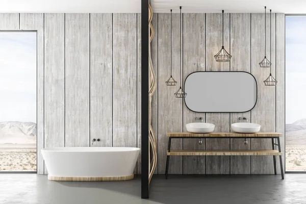 Modern Banyo Beyaz Banyo Ayna Pencere Kat Tavan Dağ Görünümünden — Stok fotoğraf