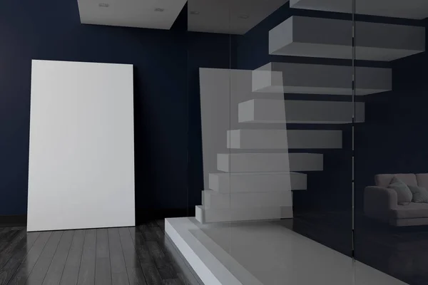 Mockup Poster Beyaz Merdiven Mavi Cam Duvarlar Ile Modern Oturma — Stok fotoğraf