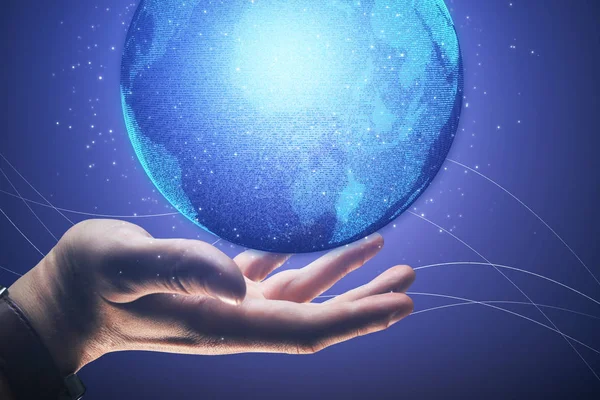 Man Hand Met Digitale Earth Planet Vertegenwoordigen Wereldwijde Technologieën Concept — Stockfoto