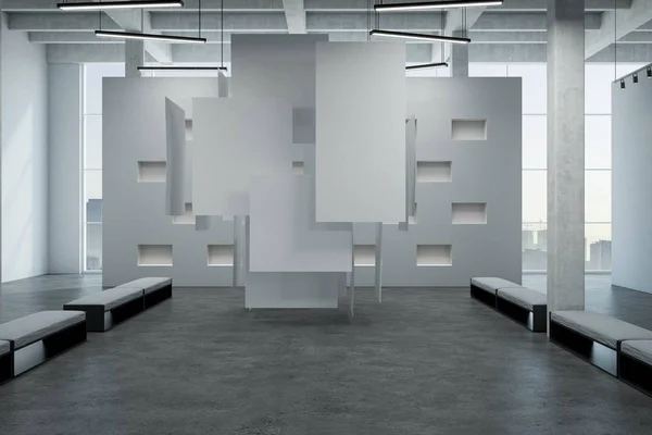 Tela Branca Mockup Pendurado Salão Galeria Loft Com Piso Concreto — Fotografia de Stock