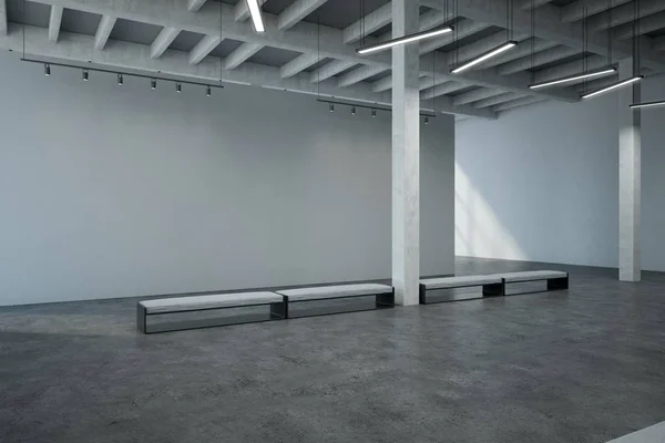Industrielles Interieur Einer Großzügigen Galeriehalle Mit Betonboden Loftbänken Und Blankgrauen — Stockfoto