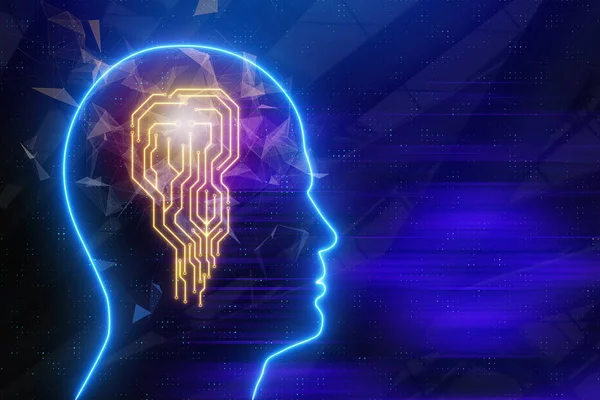 artificial intelligence concept with electronic computer technology circuit board brain shape in human head silhouette. 3d rendering