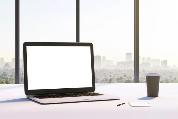 side view on mockup white laptop screen on modern desk at city view background. 3d rendering