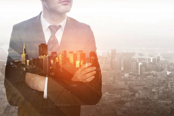 Double Exposure Crossing Hands Businessman Megapolis City View — Stock Photo, Image