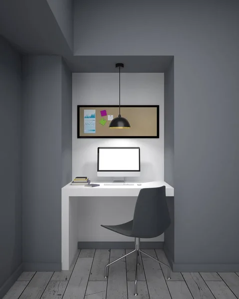 mockup white computer monitor on white desk and pinboard with post-it sticks on it in modern room with grey walls. 3d rendering