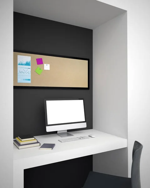 side view on white mockup computer monitor on white desk and pinboard with post-it sticks on it in modern room. 3d rendering