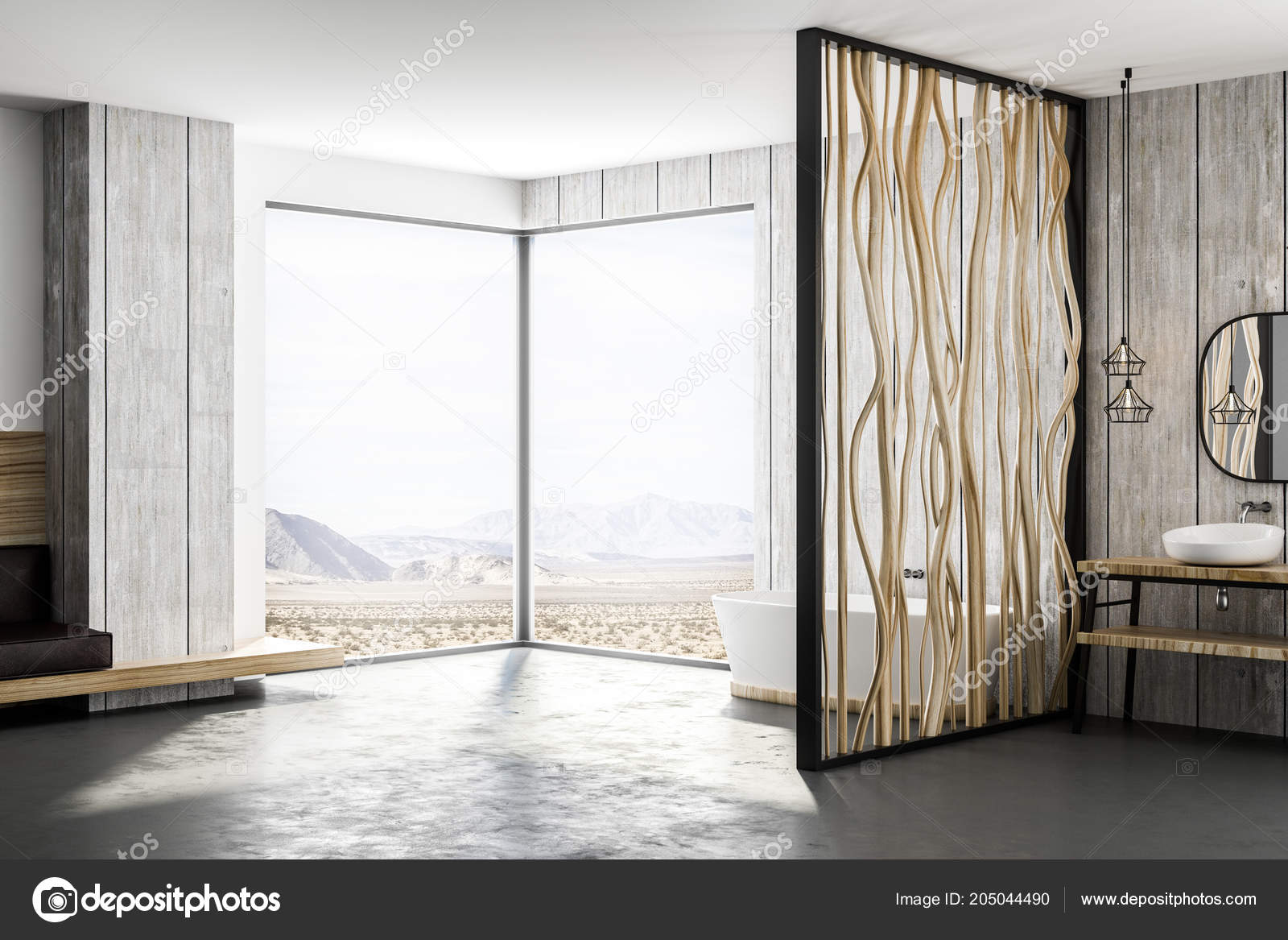 Side View Modern Bathroom Design White Bath Concrete Floor