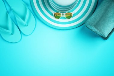 Boş arka plan üzerinde en iyi manzara mavi plaj öğeleri. Yaz ve gezi kavramı. 3D render 