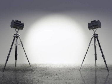 Minimalist stüdyo ile temiz beton duvar ve profesyonel aydınlatma donanımları. Alay etmek yukarıya, 3d render 