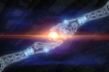 Soyut Dijital El bulanık arka plan üzerinde dünya ile. Robotik, siber ve İnovasyon kavramı. 3D render 