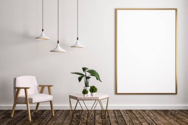 Modern oturma odası iç mobilya, dekoratif bitki, lambalar, boş poster beton duvar ve ahşap zemin. 3D render