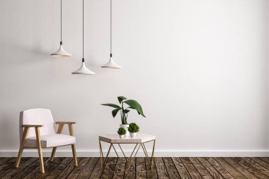 Modern oturma odası iç mobilya, dekoratif bitki, lambalar, beton duvar ve ahşap zemin. 3D render 