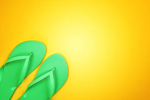 Top View Green Flip Flops Empty Yellow Background Copy Space — Stock Photo, Image