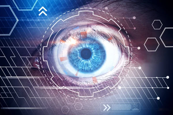 Primer Plano Del Ojo Con Interfaz Negocio Digital Biometría Identificación —  Fotos de Stock