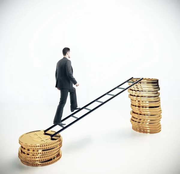 Businessman Climbing Abstract Coin Ladder White Background Financial Growth Success — Stock Photo, Image