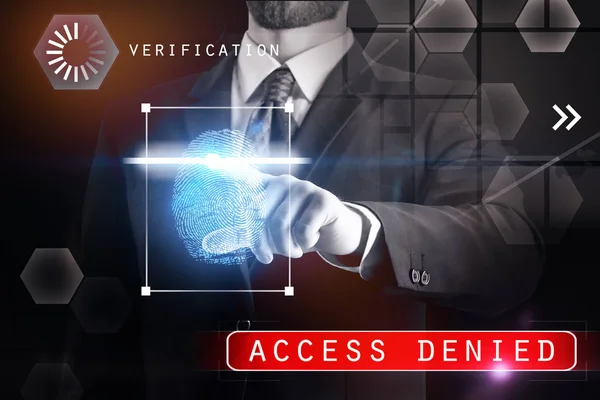 Businessman Pointing Fingerprint Hologram Interface Denied Access Double Exposure — Stock Photo, Image