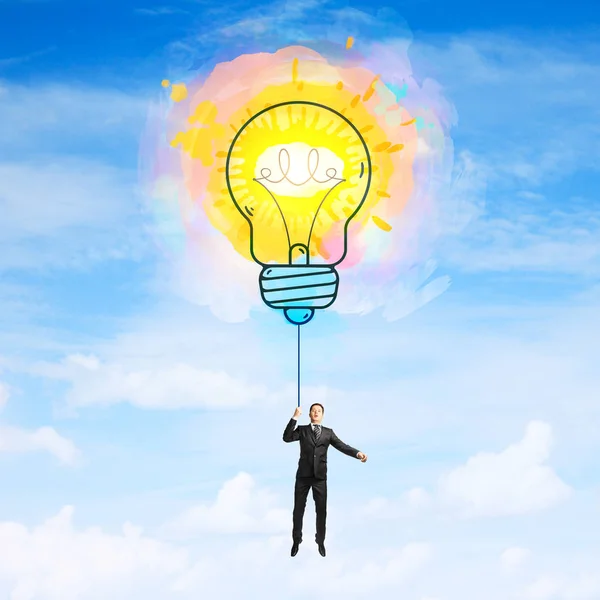 Businessman Abstract Glowing Lamp Balloon Flying Blue Sky Success Innovation — Stock Photo, Image