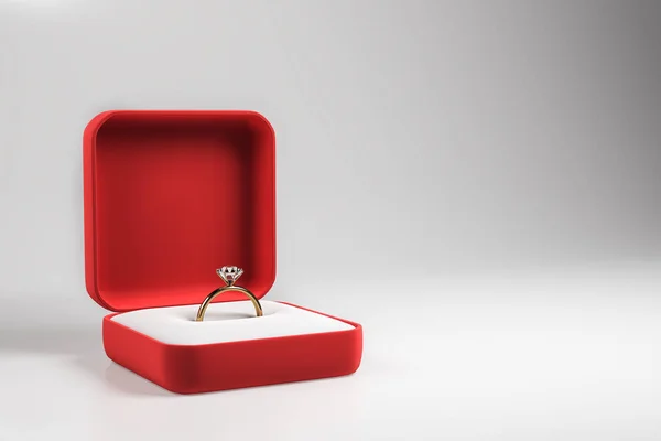 Алмазное Обручальное Кольцо Красной Коробке Сером Фоне Свадебное Предложение Концепция — стоковое фото