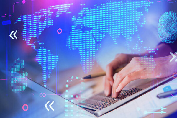 Закрытие рук с помощью ноутбука с цифровым бизнес-интерфейсом. И сетевая концепция. Двойное воздействие
 