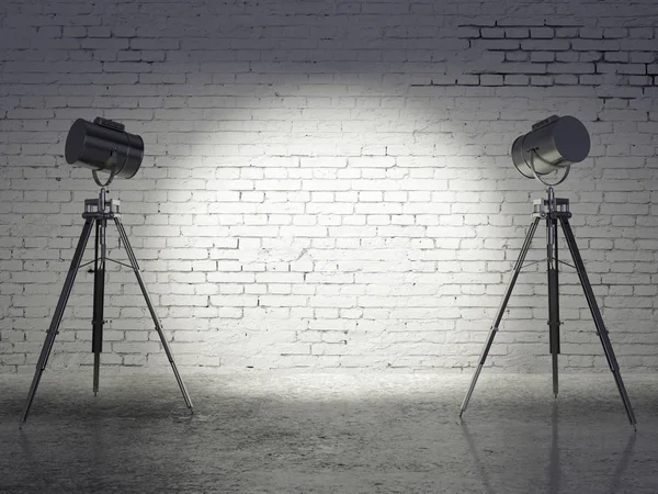 Minimalistic Studio Blank Brick Wall Professional Lighting Equipment Mock Rendering — Stock Photo, Image