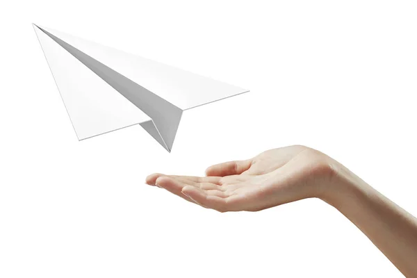 手拿着纸飞机在白色背景 自由和就业概念 — 图库照片
