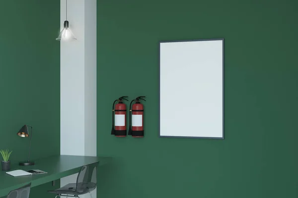 Green interior with empty poster and fire extinguishers. Safety announcement and equipment concept. Mock up, 3D Rendering