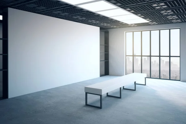 Seitenansicht Auf Einer Weißen Ausstellungswand Konzeptbank Betonboden Und Fenster Vom — Stockfoto