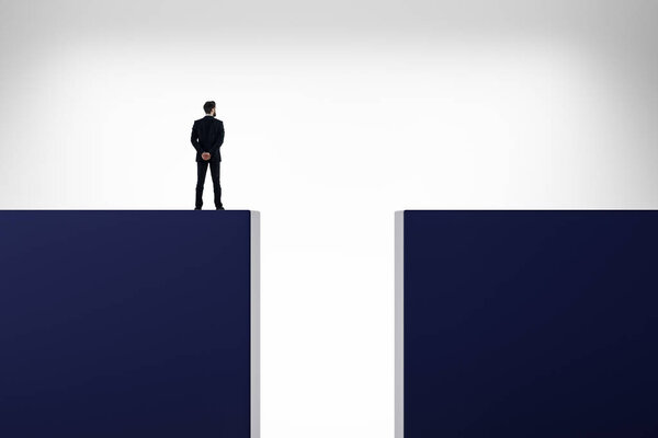 Businessman standing on abstract background with gap. Risk, challenge and improvement concept. 3D Rendering 