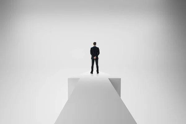 Back View Young Businessman Standing Arrow Abstract White Background Growth — Stock Photo, Image