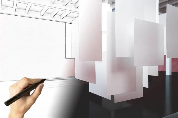 手描きの空のバナーで現代的な展示ホールのインテリア 設計と計画の概念 レンダリングを模擬 — ストック写真